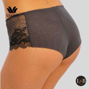 Detail zijaanzicht van Wacoal Lace Perfection short in charcoal met zwarte floral kant