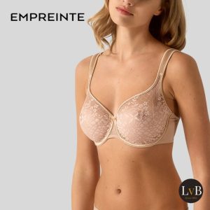 Model draagt Empreinte Melody naadloze beugel bh van kant in Caramel