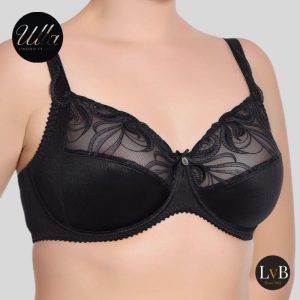 Detailfoto van de Ulla Carmen 2523 zwarte beugel bh met luxe kantdetails en stevige cups.