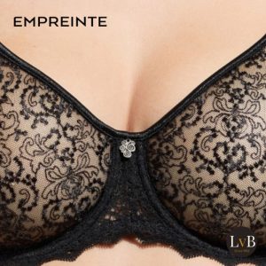 Detail van de Empreinte Cassiopee zwarte beugel bh met verfijnd bloemenborduurwerk.