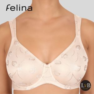Detail van de Felina Emotions beugel bh 656 in blush met transparante cups en borduursel.