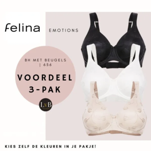 Felina Emotions beugel bh 656 voordeel 3-pak met kleuren zwart, vanilla en blush.