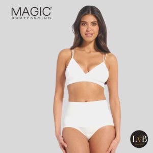 Model draagt MAGIC Tummy Shaper corrigerende tailleslip in barista met hoge taille en stevige shaping