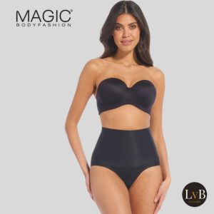 Model draagt de MAGIC Tummy Shaper zwarte corrigerende tailleslip met hoge taille